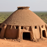 A wide, majestic shot of a Takienta, a unique mud fortress-like dwelling of the Batammariba people in Koutammakou. The structure should dominate the frame, showcasing its distinctive conical straw roof, multi-layered mud walls, and small, strategically placed openings, resembling a giant termite mound or a miniature clay castle. The surrounding landscape is the sun-drenched, arid African savanna, with sparse, resilient vegetation. The image conveys both the architectural ingenuity and the harmonious integration of the structure with its natural environment.