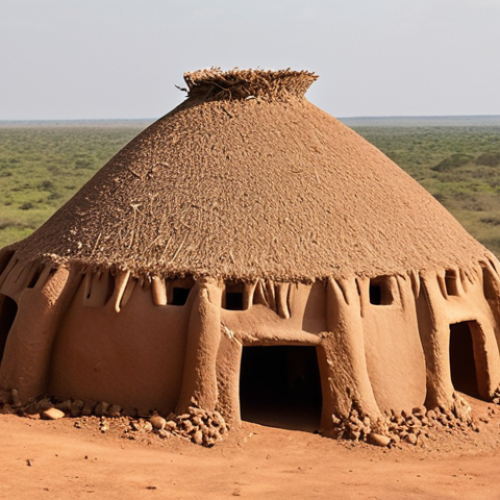 A wide, majestic shot of a Takienta, a unique mud fortress-like dwelling of the Batammariba people in Koutammakou. The structure should dominate the frame, showcasing its distinctive conical straw roof, multi-layered mud walls, and small, strategically placed openings, resembling a giant termite mound or a miniature clay castle. The surrounding landscape is the sun-drenched, arid African savanna, with sparse, resilient vegetation. The image conveys both the architectural ingenuity and the harmonious integration of the structure with its natural environment.