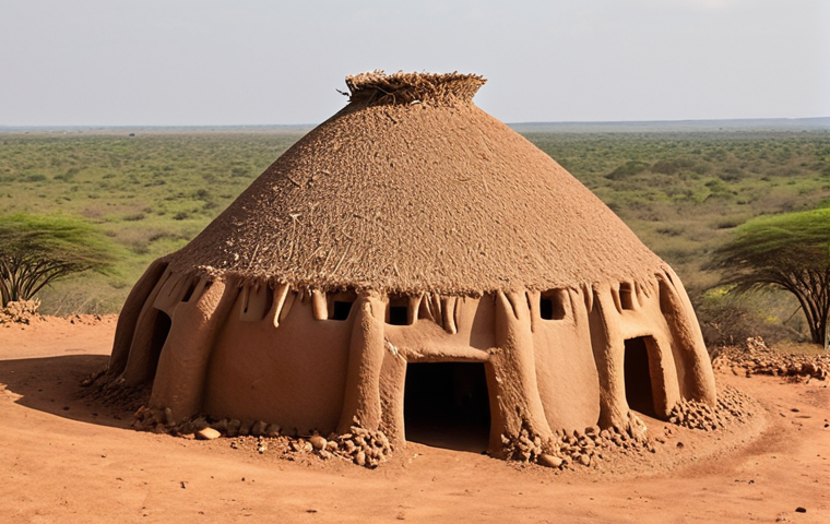 A wide, majestic shot of a Takienta, a unique mud fortress-like dwelling of the Batammariba people in Koutammakou. The structure should dominate the frame, showcasing its distinctive conical straw roof, multi-layered mud walls, and small, strategically placed openings, resembling a giant termite mound or a miniature clay castle. The surrounding landscape is the sun-drenched, arid African savanna, with sparse, resilient vegetation. The image conveys both the architectural ingenuity and the harmonious integration of the structure with its natural environment.
