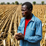 A professional Togolese male farmer in modest, durable clothing, standing amidst a parched field of withered corn stalks, with visible cracked earth and a dry, dusty atmosphere. He gazes contemplatively at the ruined harvest, conveying a sense of resilience and deep concern. The scene captures the harsh reality of drought conditions. The image features perfect anatomy, correct proportions, natural pose, well-formed hands, proper finger count, and natural body proportions. It is fully clothed, modest, safe for work, appropriate content, and family-friendly, presented in a professional documentary photography style with high quality and sharp focus.
