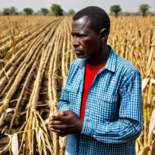 A professional Togolese male farmer in modest, durable clothing, standing amidst a parched field of withered corn stalks, with visible cracked earth and a dry, dusty atmosphere. He gazes contemplatively at the ruined harvest, conveying a sense of resilience and deep concern. The scene captures the harsh reality of drought conditions. The image features perfect anatomy, correct proportions, natural pose, well-formed hands, proper finger count, and natural body proportions. It is fully clothed, modest, safe for work, appropriate content, and family-friendly, presented in a professional documentary photography style with high quality and sharp focus.
