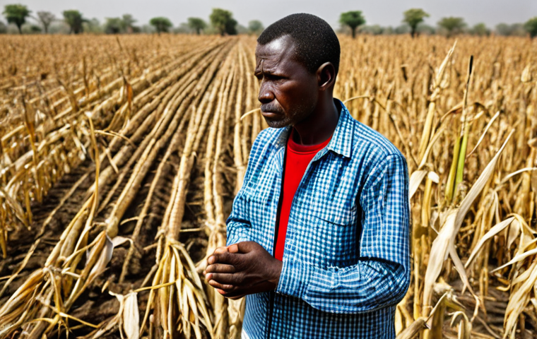 A professional Togolese male farmer in modest, durable clothing, standing amidst a parched field of withered corn stalks, with visible cracked earth and a dry, dusty atmosphere. He gazes contemplatively at the ruined harvest, conveying a sense of resilience and deep concern. The scene captures the harsh reality of drought conditions. The image features perfect anatomy, correct proportions, natural pose, well-formed hands, proper finger count, and natural body proportions. It is fully clothed, modest, safe for work, appropriate content, and family-friendly, presented in a professional documentary photography style with high quality and sharp focus.