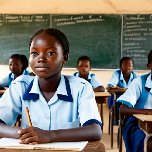 Education in Togo**

A fully clothed, young Togolese girl in a modest school uniform, sitting at a simple wooden desk in a brightly lit classroom. Several other students are visible in the background, also in uniform and engaged in learning. The classroom is basic but clean, with a chalkboard and educational posters on the walls. Outside the window, a glimpse of a rural Togolese landscape. Perfect anatomy, correct proportions, well-formed hands, proper finger count, natural pose. Safe for work, appropriate content, professional, modest, family-friendly. High quality, professional photography.

**