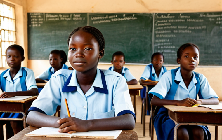 Education in Togo**
A fully clothed, young Togolese girl in a modest school uniform, sitting at a simple wooden desk in a brightly lit classroom. Several other students are visible in the background, also in uniform and engaged in learning. The classroom is basic but clean, with a chalkboard and educational posters on the walls. Outside the window, a glimpse of a rural Togolese landscape. Perfect anatomy, correct proportions, well-formed hands, proper finger count, natural pose. Safe for work, appropriate content, professional, modest, family-friendly. High quality, professional photography.
**
