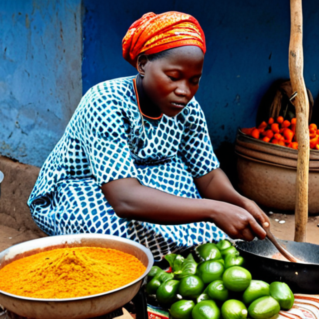 토고의 어촌 마을 체험 - Togolese Cuisine**

"A vibrant market scene in Togo, Africa. Stalls are laden with colorful fruits, ...