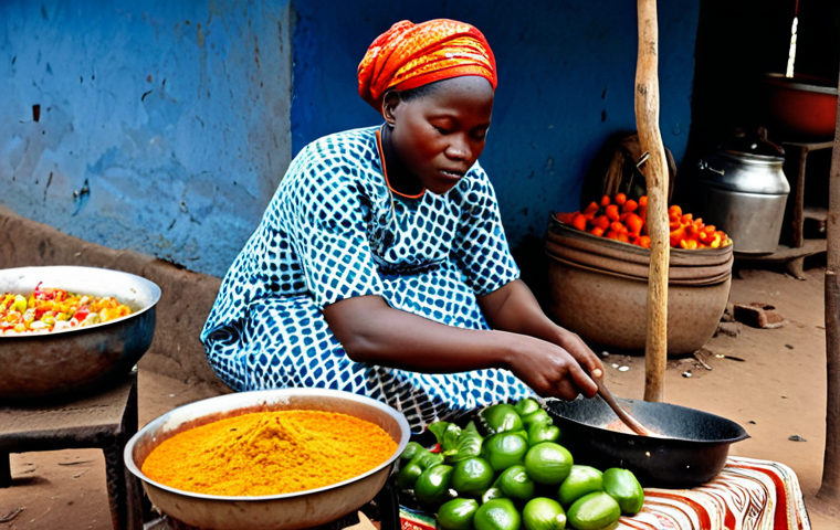 토고의 어촌 마을 체험 - Togolese Cuisine**

"A vibrant market scene in Togo, Africa. Stalls are laden with colorful fruits, ...