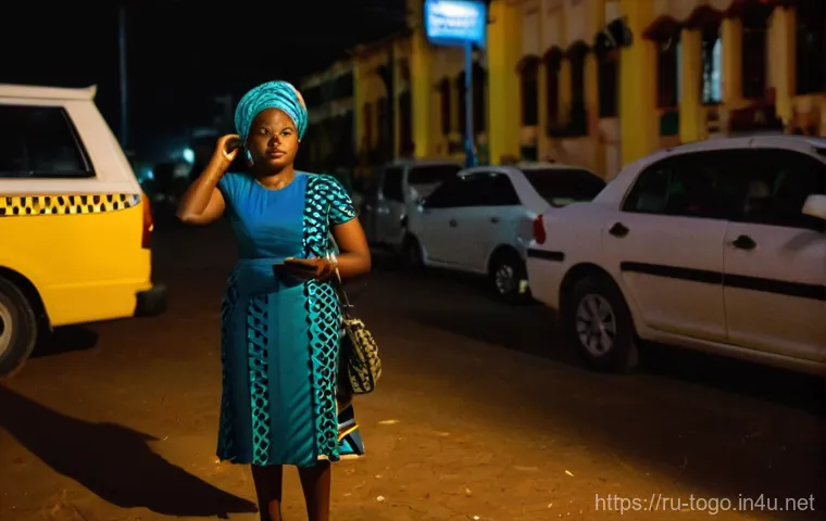 토고에서 택시 이용 요령 - **Prompt: A tourist experiencing a safe moto-taxi (Zemidjan) ride through a lively street in Lomé.**...