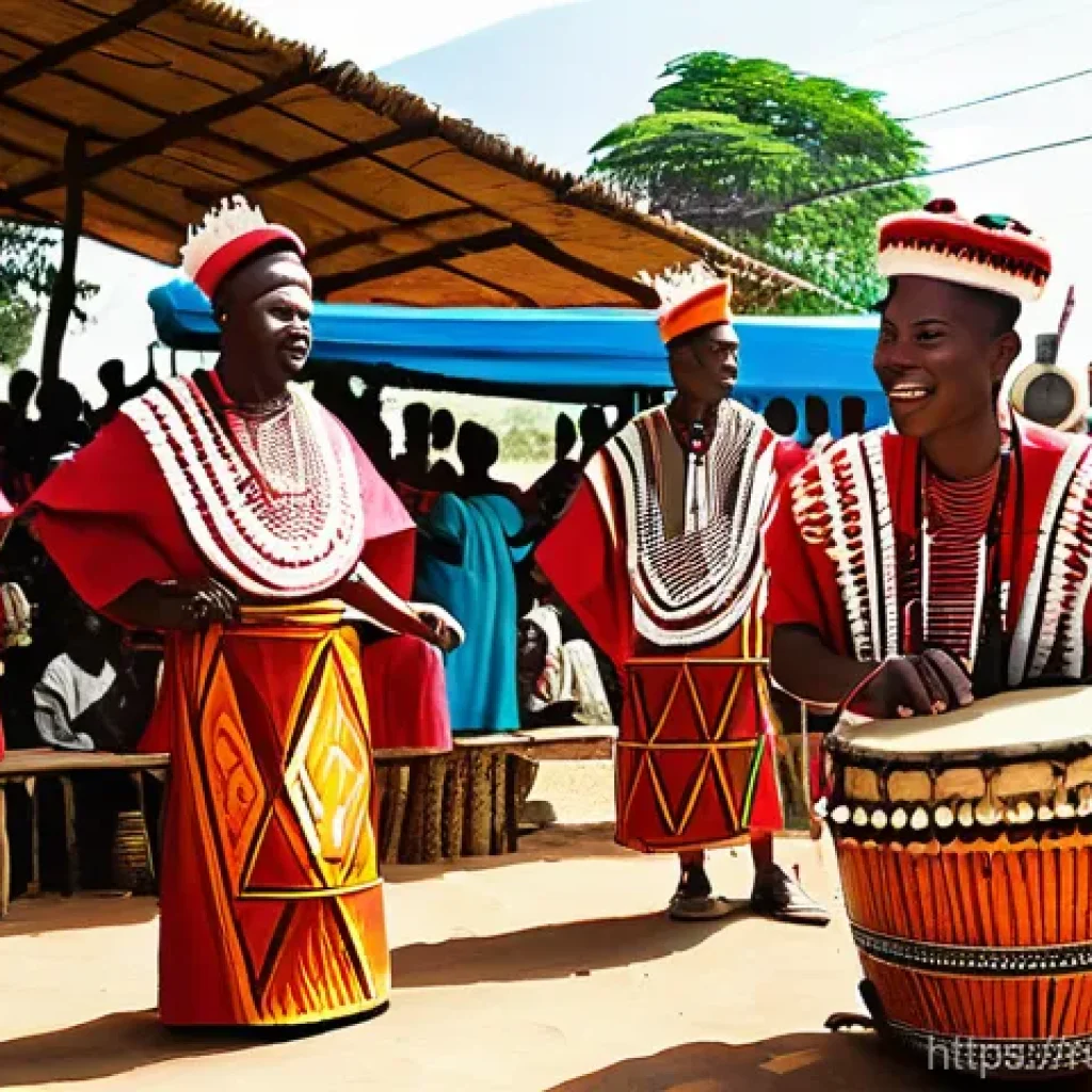 토고 전통 악기 - **A vibrant Togolese village festival scene.** Focus on a group of male and female musicians, all dr...