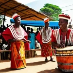 Home 18 토고 전통 악기 - **A vibrant Togolese village festival scene.** Focus on a group of male and female musicians, all dr...