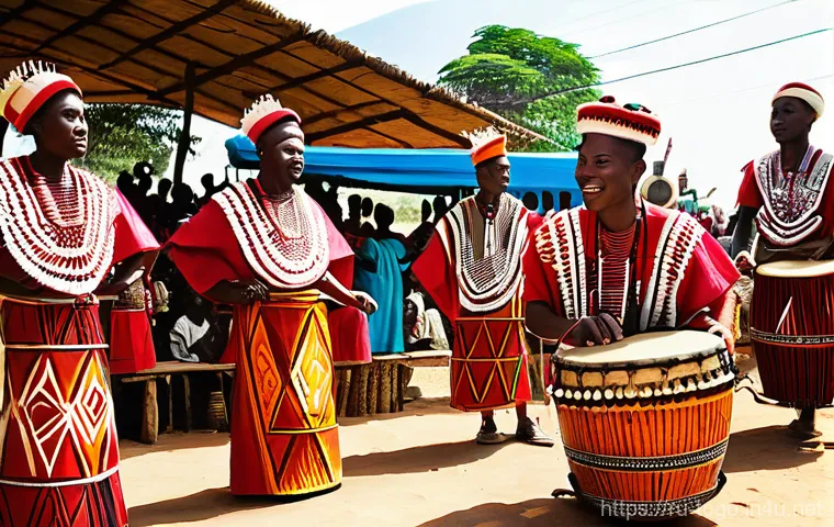 토고 전통 악기 - **A vibrant Togolese village festival scene.** Focus on a group of male and female musicians, all dr...