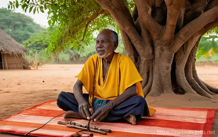 토고 전통 악기 - **A vibrant Togolese village festival scene.** Focus on a group of male and female musicians, all dr...