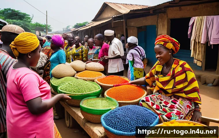 토고 부족별 언어 차이 - A vibrant market scene in Togo showcasing diverse ethnic groups communicating in multiple local lang...