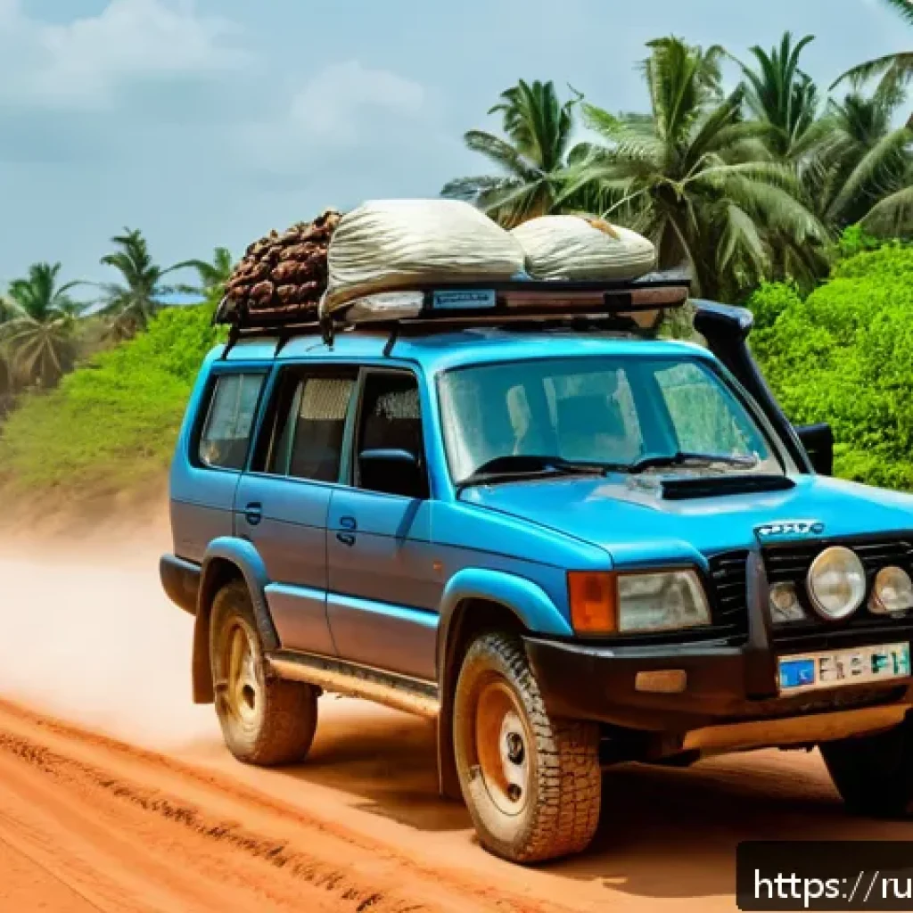 토고의 자동차 렌트 팁 - A rugged SUV with high ground clearance driving on a dusty, uneven dirt road outside a small village...