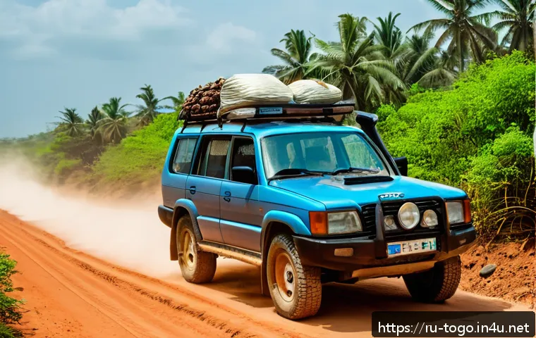 토고의 자동차 렌트 팁 - A rugged SUV with high ground clearance driving on a dusty, uneven dirt road outside a small village...
