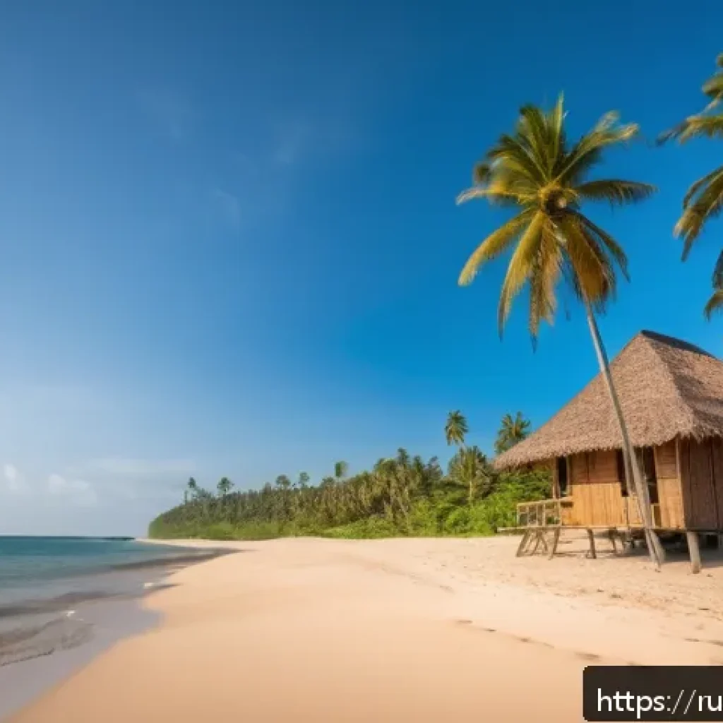 토고 해변 추천 - A tranquil, secluded beach scene at Agbodjome in Togo during golden hour, featuring soft white sand ...