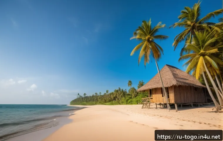 토고 해변 추천 - A tranquil, secluded beach scene at Agbodjome in Togo during golden hour, featuring soft white sand ...