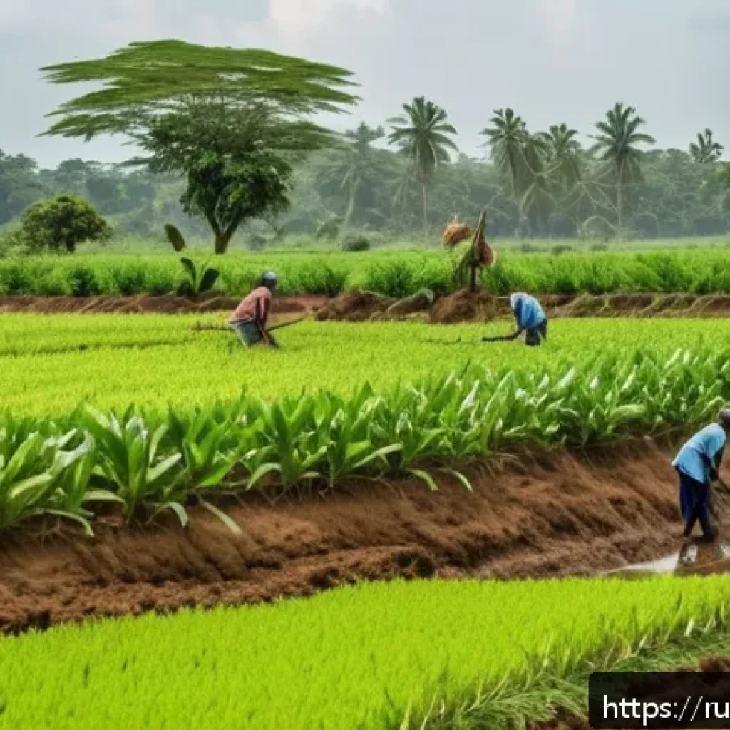 토고 전통 농업 방식 - A detailed rural Togolese farm scene during the rainy season, showing local farmers practicing minim...