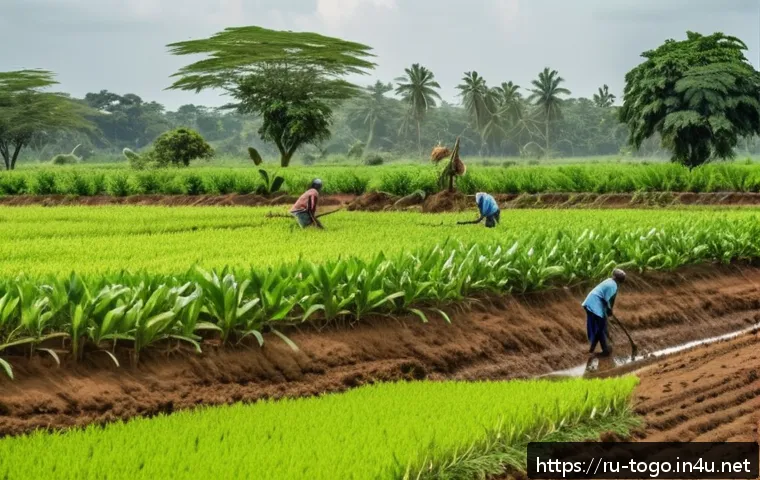 토고 전통 농업 방식 - A detailed rural Togolese farm scene during the rainy season, showing local farmers practicing minim...