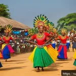 Home 21 토고 민속춤과 음악 - A vibrant traditional dance ceremony in Togo featuring dancers wearing colorful costumes made of nat...