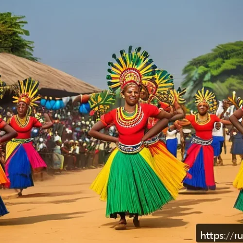 Home 33 토고 민속춤과 음악 - A vibrant traditional dance ceremony in Togo featuring dancers wearing colorful costumes made of nat...