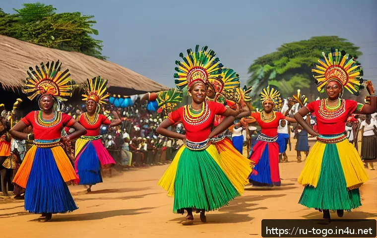 토고 민속춤과 음악 - A vibrant traditional dance ceremony in Togo featuring dancers wearing colorful costumes made of nat...