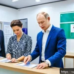 Home 20 토고 비자 발급 절차 - A professional setting at a visa application center for Togo, showing a diverse group of Russian tou...