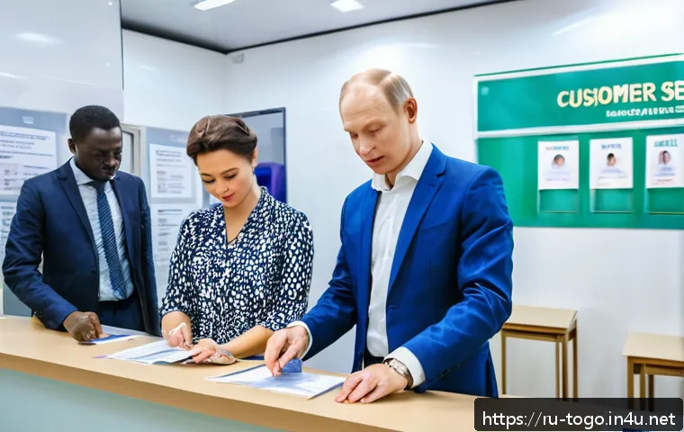 토고 비자 발급 절차 - A professional setting at a visa application center for Togo, showing a diverse group of Russian tou...
