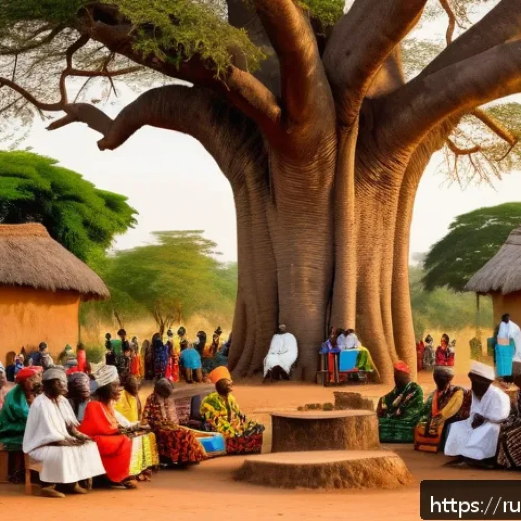 토고 독립 과정 - A vibrant scene depicting a traditional Togolese village council meeting under a large baobab tree a...