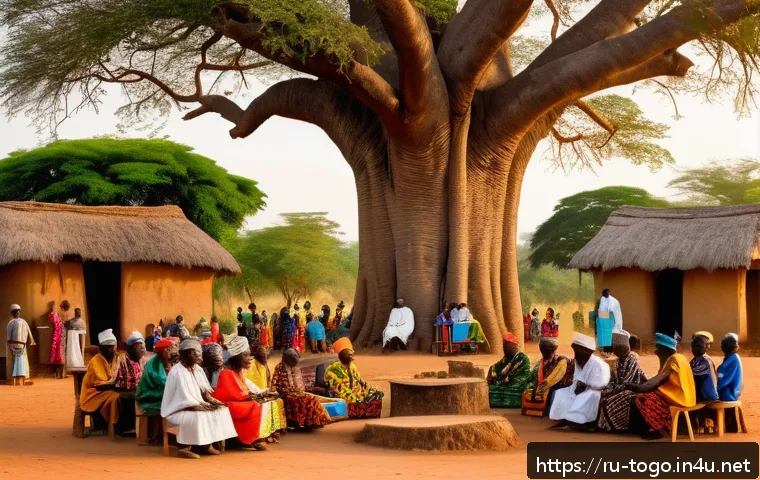 토고 독립 과정 - A vibrant scene depicting a traditional Togolese village council meeting under a large baobab tree a...