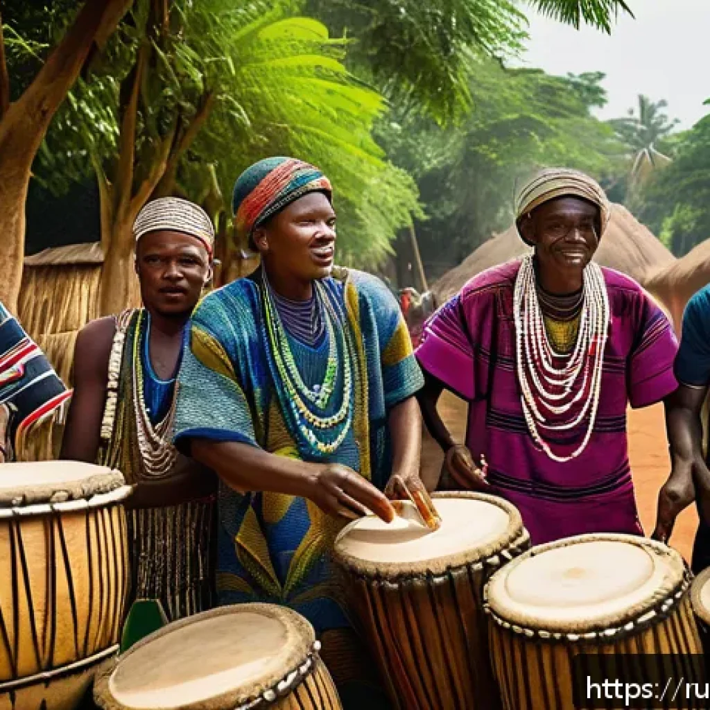 토고 주요 부족과 문화 - A vibrant traditional festival scene in a Togolese village featuring a group of musicians playing la...