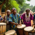 Home 18 토고 주요 부족과 문화 - A vibrant traditional festival scene in a Togolese village featuring a group of musicians playing la...