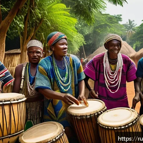 Home 30 토고 주요 부족과 문화 - A vibrant traditional festival scene in a Togolese village featuring a group of musicians playing la...