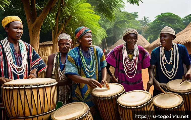 토고 주요 부족과 문화 - A vibrant traditional festival scene in a Togolese village featuring a group of musicians playing la...