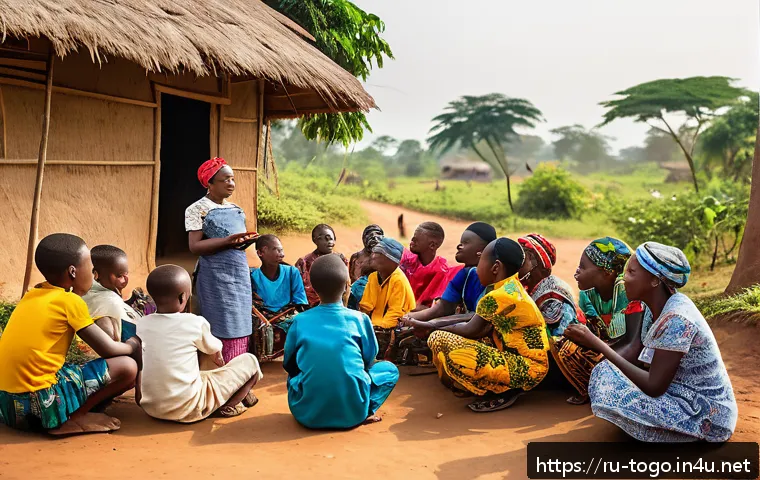 토고의 전염병 및 보건 문제 - A community health worker in a small Togolese village holding an educational session outdoors with l...